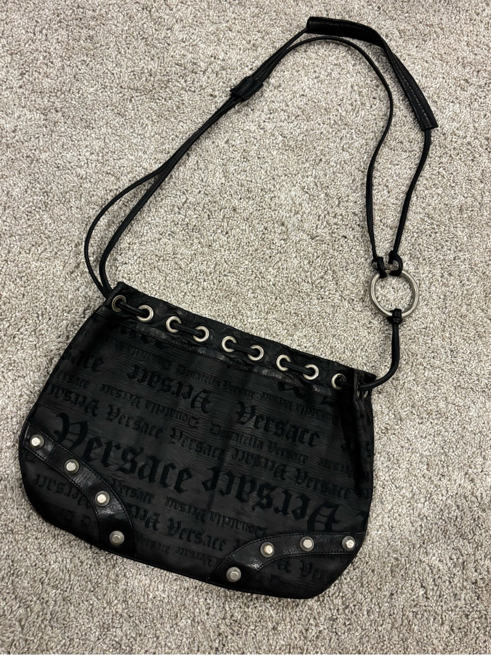 100% Authentic Vintage Versace Black Logo Jacquard Shoulder Bag with Ring Detail